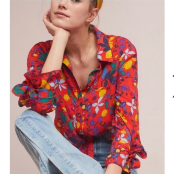 Anthropologie Tops - Maeve by Anthropologie Blithe Button Down Red Floral Fruit Print Blouse Size 16